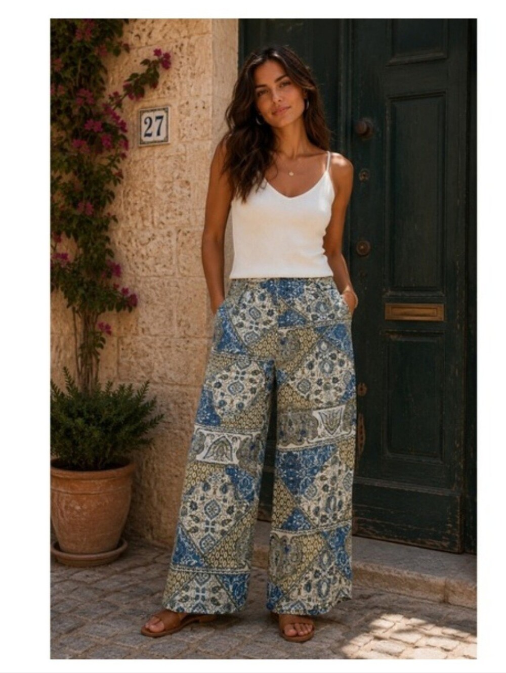 LASCANA Pants Womens Size 8 Blue Green Paisley Wide Leg Boho Palazzo Coastal